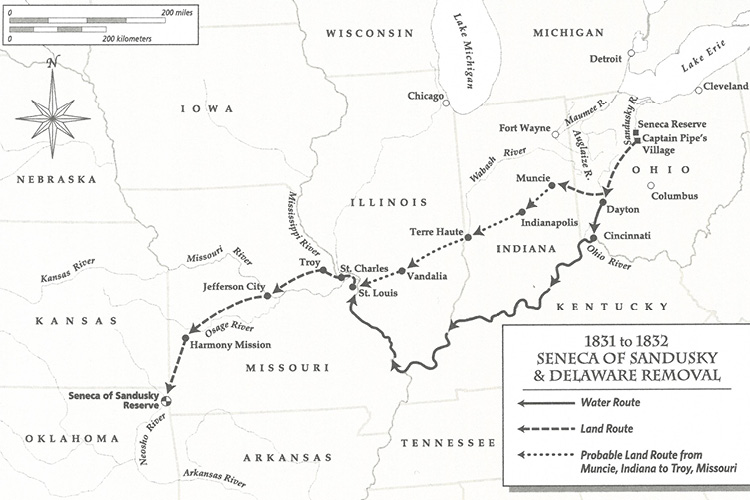 Routes of the Seneca of Sandusky and Delaware removals in 1831 and 1832