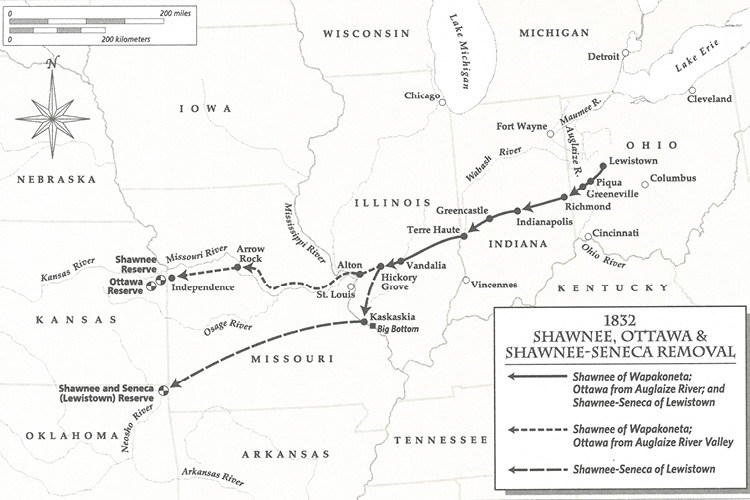 Routes of the Shawnee, Ottawa, and Shawnee-Seneca removals in 1832