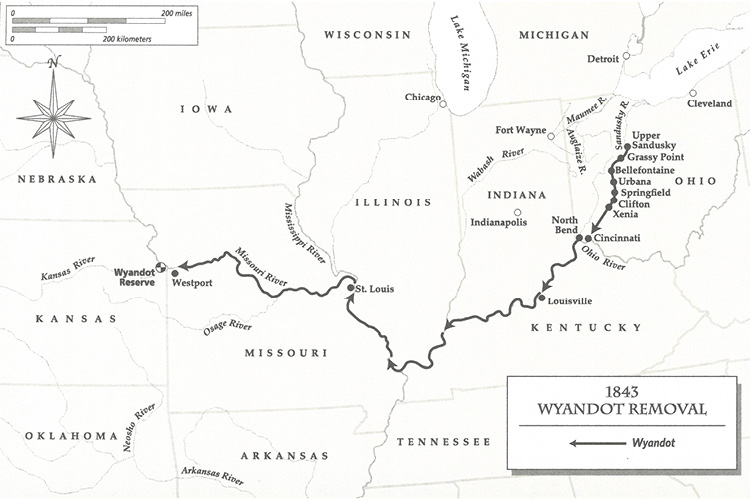 Route of the final Ohio Native removal, of the Wyandotte, in 1843