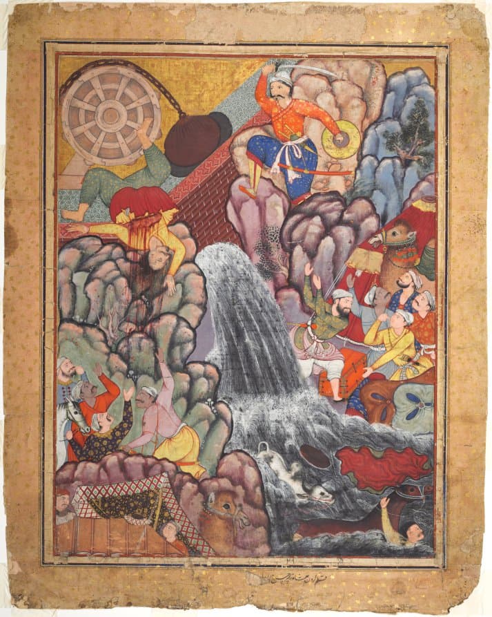 Alamshah cleaving asunder the chain of the wheel, from volume 11 of a Hamza-nama (Adventures of Hamza)