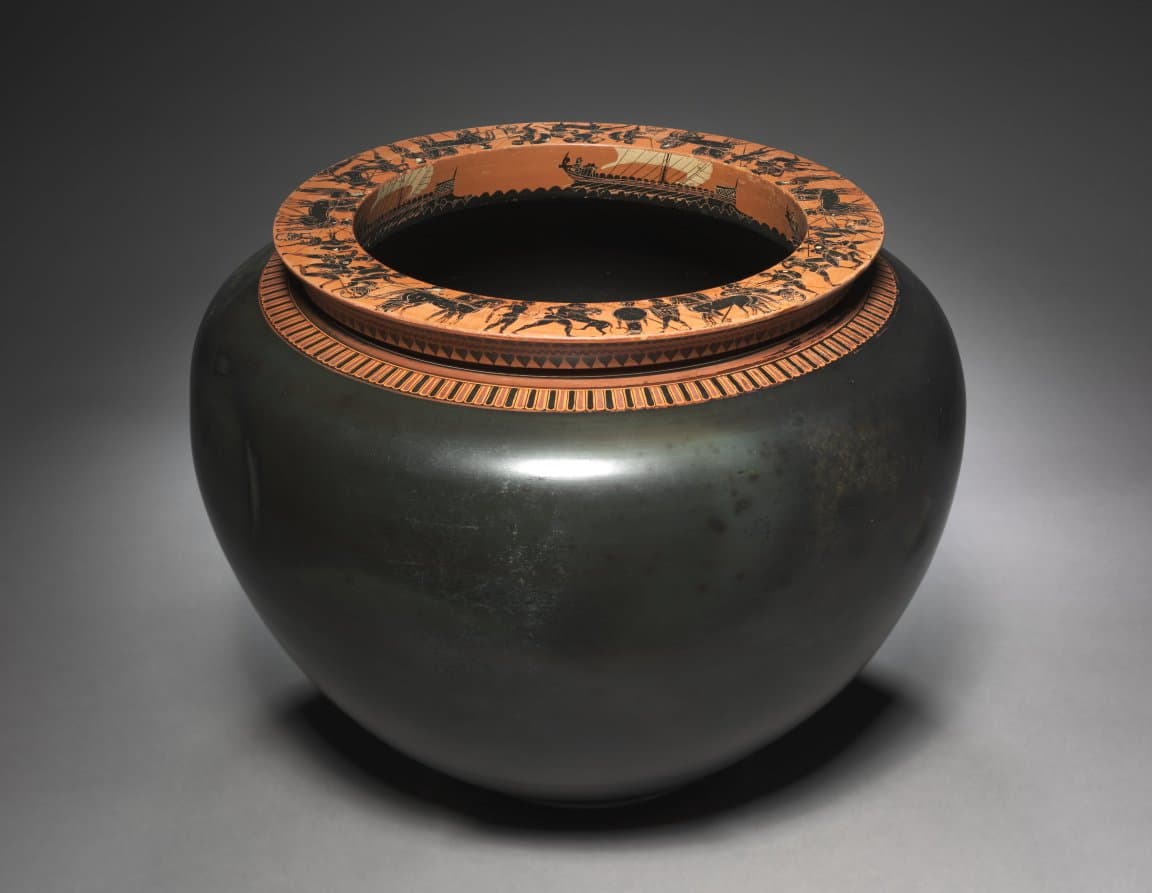 Black-Figure Dinos (Mixing Vessel): Warships (Int.); Heroic Scenes (Top)