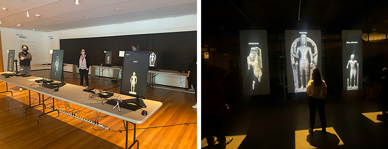 screens with images of statues on them