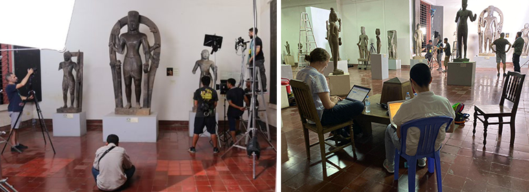 two side by side images of people working surrounded by statues