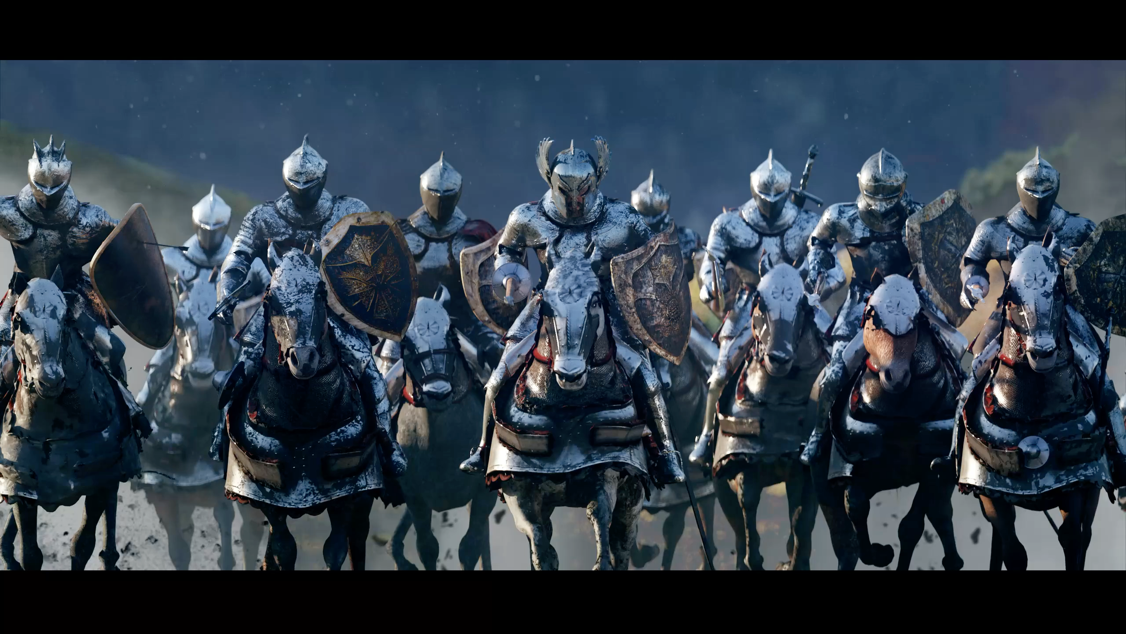 A still from a video showing knights in armor riding horses